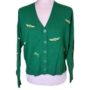 Women Green Baby Yoda & Frogs Cropped Cardigan Sweater Cute Novelty Sz M/L